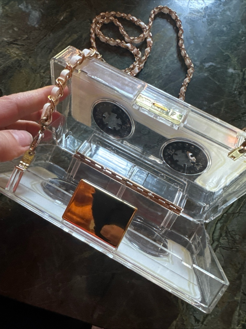 Vintage-Inspired Clear Acrylic Cassette Tape Clutch Bag | Crossbody Chain |Retro - Picture 4 of 6